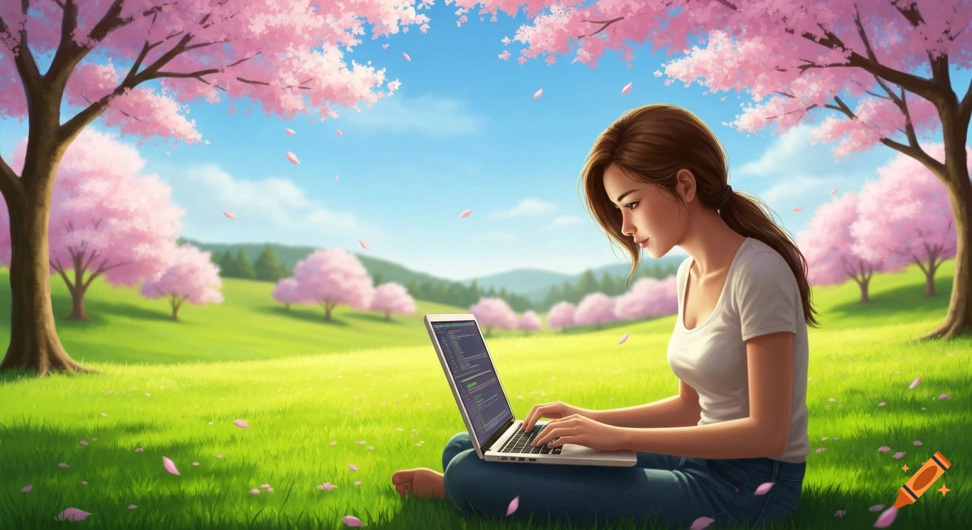 A woman programs on a laptop in a vibrant, sunlit field filled with pink cherry blossom trees, with petals falling.