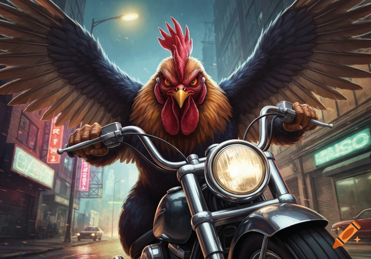 A fierce, anthropomorphic rooster with spread wings rides a motorcycle, gripping the handlebars with a grim expression in an urban night scene.