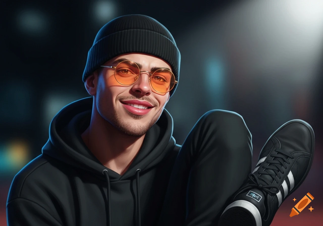 A stylized portrait of a smiling man in his twenties with stubble, wearing a black beanie, black hoodie, and orange circular glasses. A black trainer shoe with white stripes is visible.