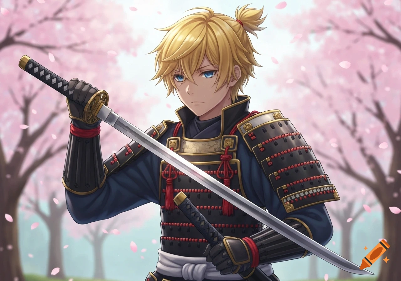 Anime male character with blonde hair in a ponytail and blue eyes, wearing samurai armor and holding a katana, against a cherry blossom background.