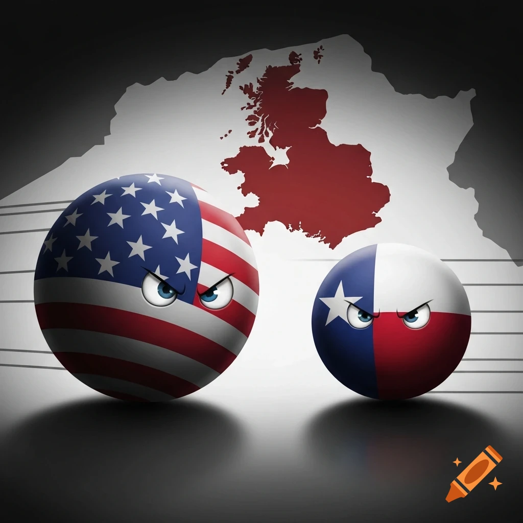 Angry US flag and Texas flag countryballs face a red map of the United Kingdom in a stylized illustration.