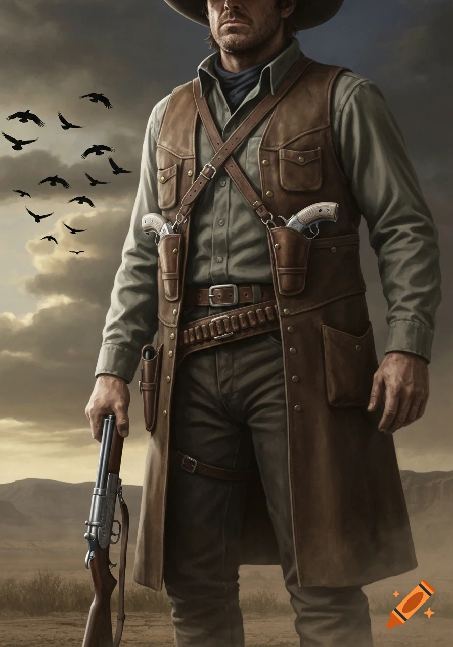 A cowboy in a duster vest and hat stands in a desert holding a rifle, with revolvers in holsters and ravens flying in a cloudy sky.