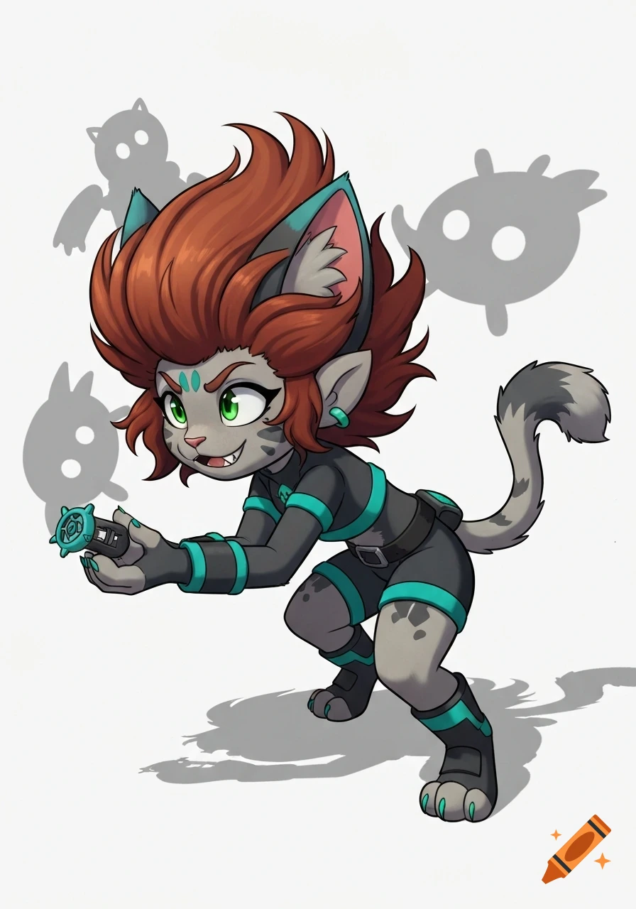 A crouching anthropomorphic cat-like character with red hair and grey fur, wearing a black and teal suit, holding a small device.