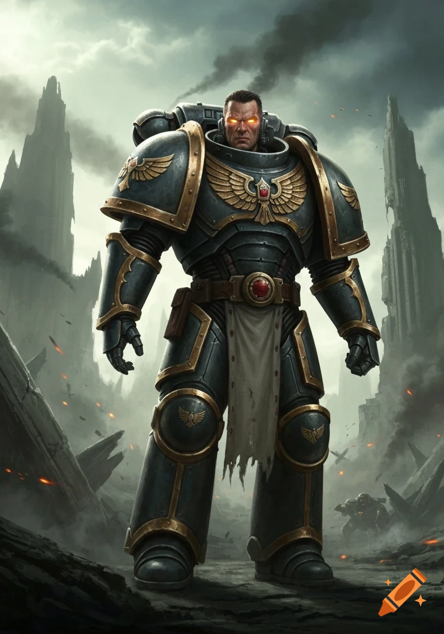 A heroic Warhammer 40k Space Marine in ornate, battle-worn power armor with glowing eyes, standing in a gritty, ruined sci-fi warzone.