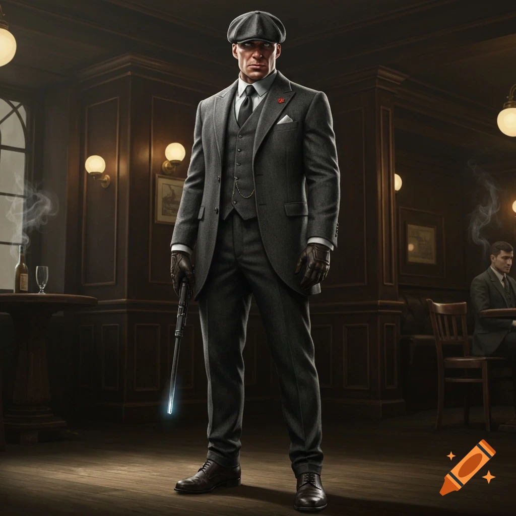 A serious man in a grey three-piece suit and flat cap holds a glowing weapon in a dimly lit, wood-paneled room. Photorealistic style.