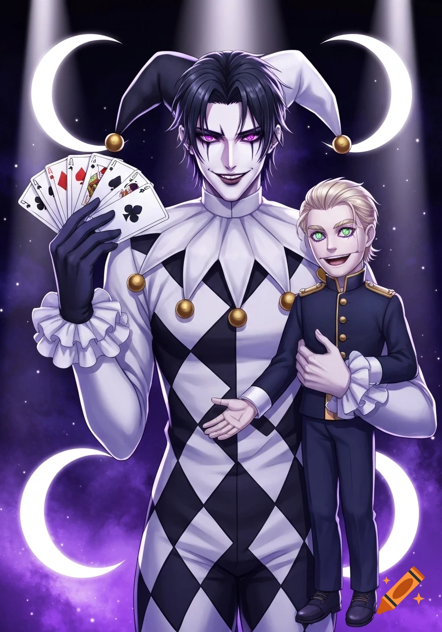 An anime-style evil jester with black hair and purple eyes, wearing a black and white harlequin suit, holds a fan of playing cards in one hand and a blonde-haired puppet prince in the other, against a purple and black background with glowing crescent moons.