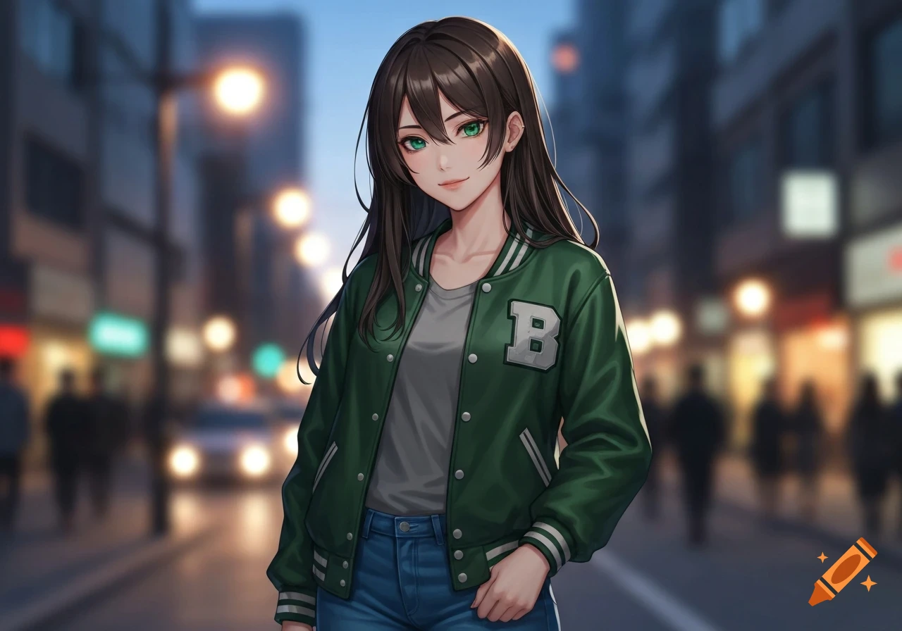 An anime girl with dark brown hair and green eyes wears a dark green letter jacket with a 'B' and jeans on a city street at night.