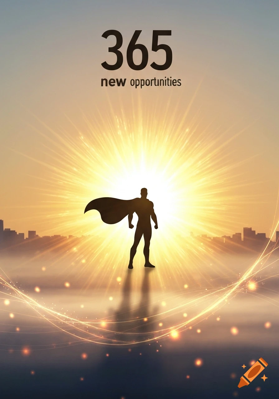 Silhouette of a superhero with a cape stands on a cityscape against a bright sunrise, with text "365 new opportunities".