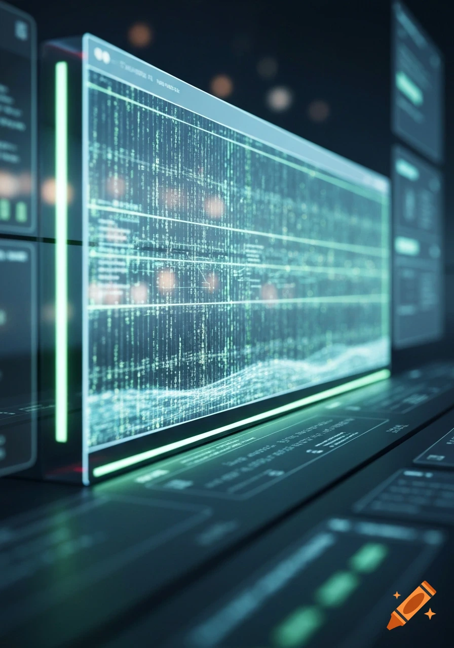 Photorealistic digital display showing glowing green binary code, data streams, and UI elements in a dark, futuristic setting.