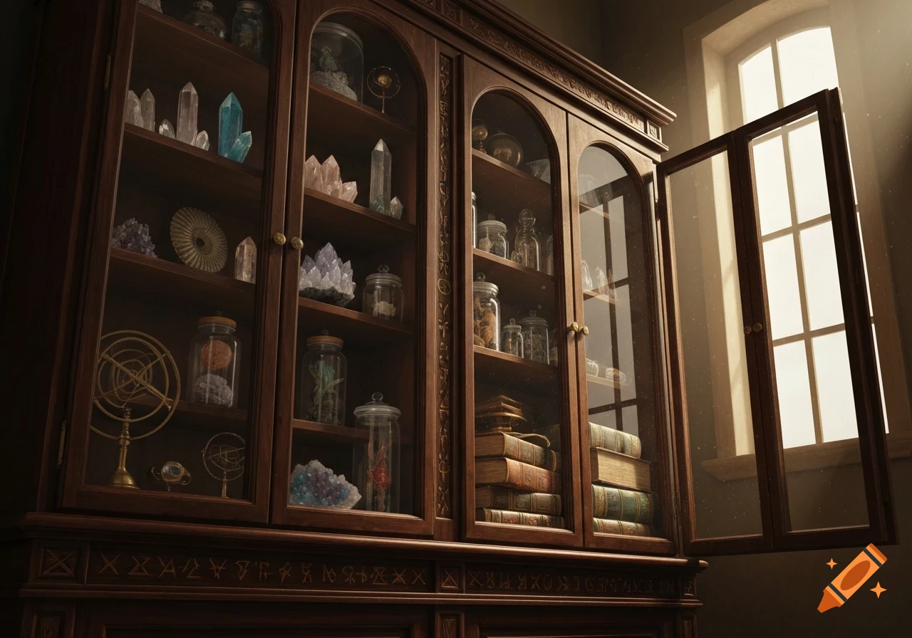 Detailed wooden curiosity cabinet with crystals, jars, and old books, bathed in sunlight from an open window.
