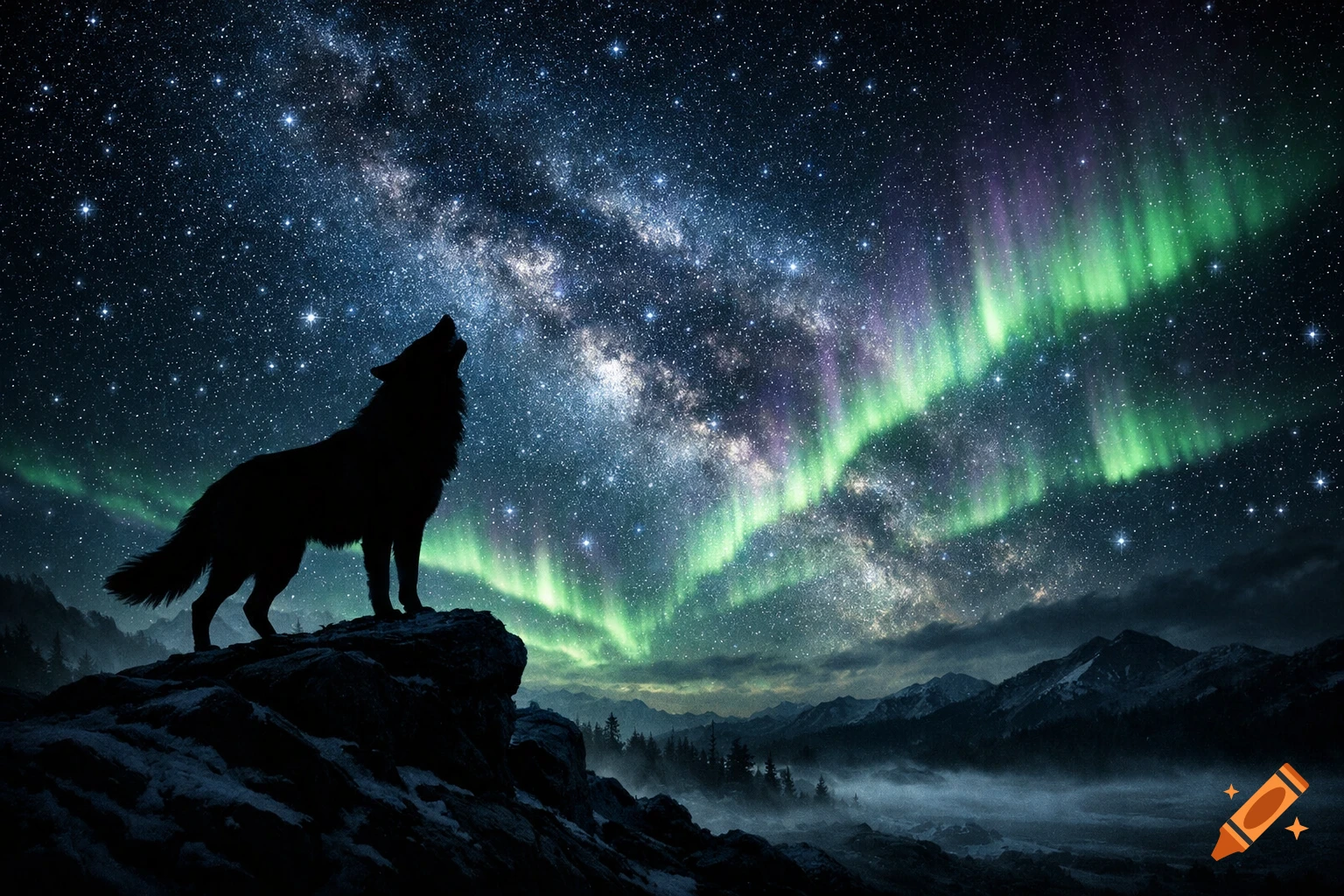 A silhouetted wolf howls on a cliff under a vibrant green and purple aurora borealis and starry night sky.