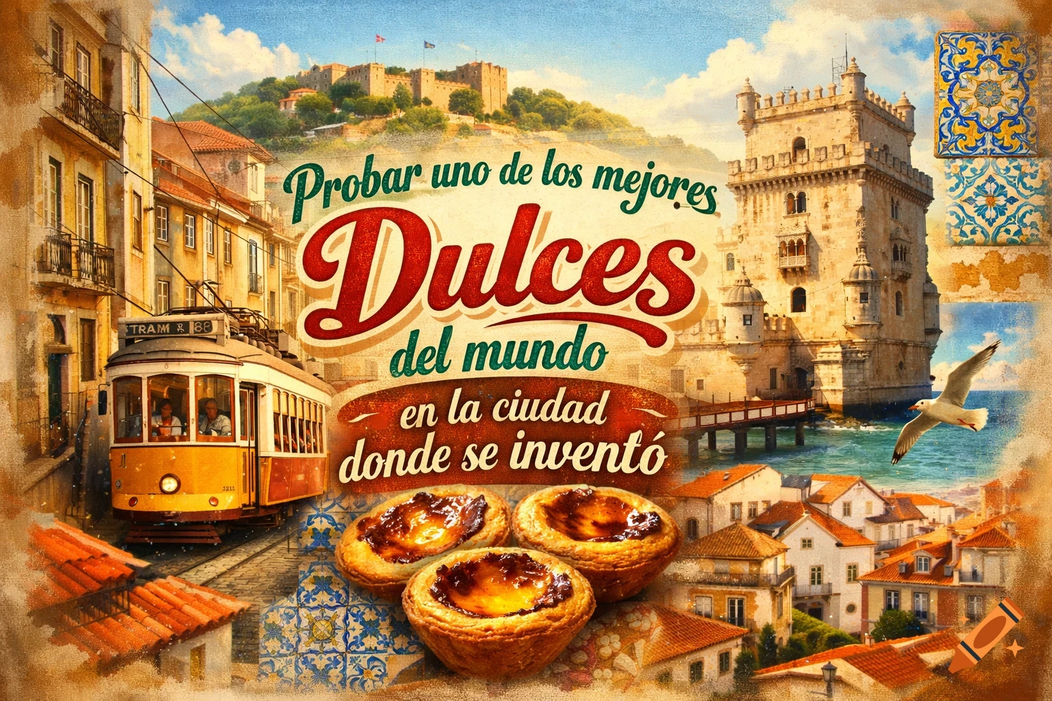 Vintage-style collage of Lisbon landmarks including a yellow tram, castle, Belem Tower, and three Pastel de Nata with Spanish text.