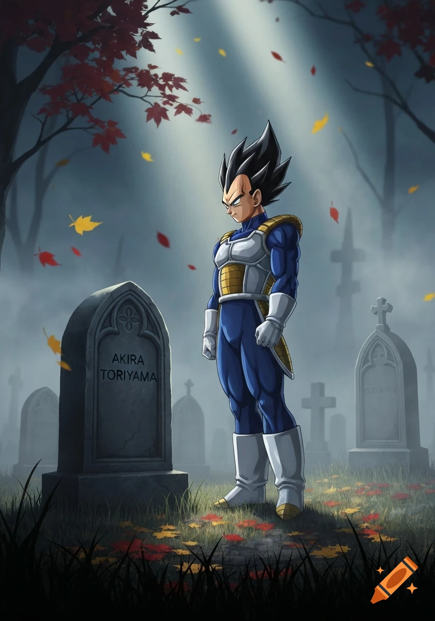 Vegeta stands sadly in a cemetery next to a gravestone for Akira Toriyama, with autumn leaves falling around him.
