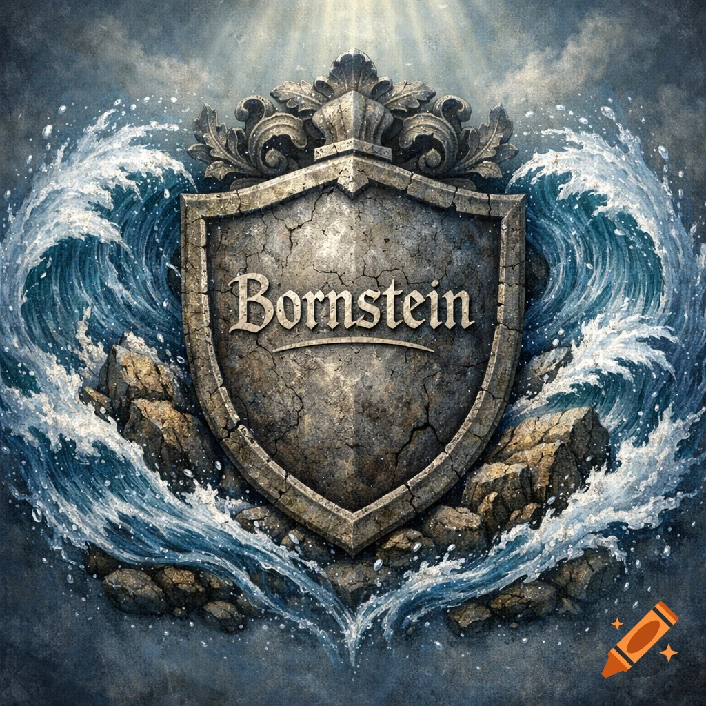 A detailed stone shield with 'Bornstein' inscribed, surrounded by powerful blue waves and rocks under sunrays.