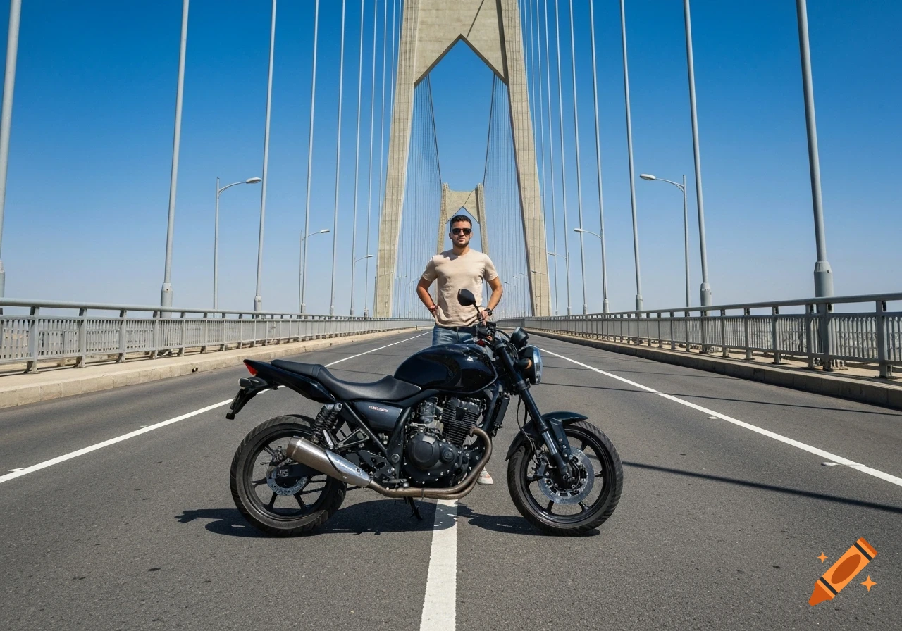 A man in a tan t-shirt and jeans stands behind a black motorcycle on a cable-stayed bridge under a clear blue sky.