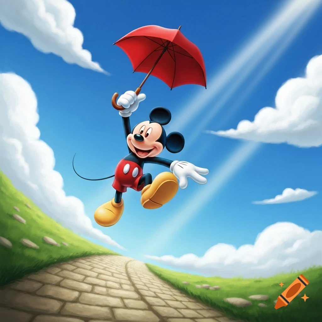 Mickey Mouse flies happily through a bright blue sky holding a red umbrella, above a winding cobblestone path and green hills in a vibrant cartoon style.