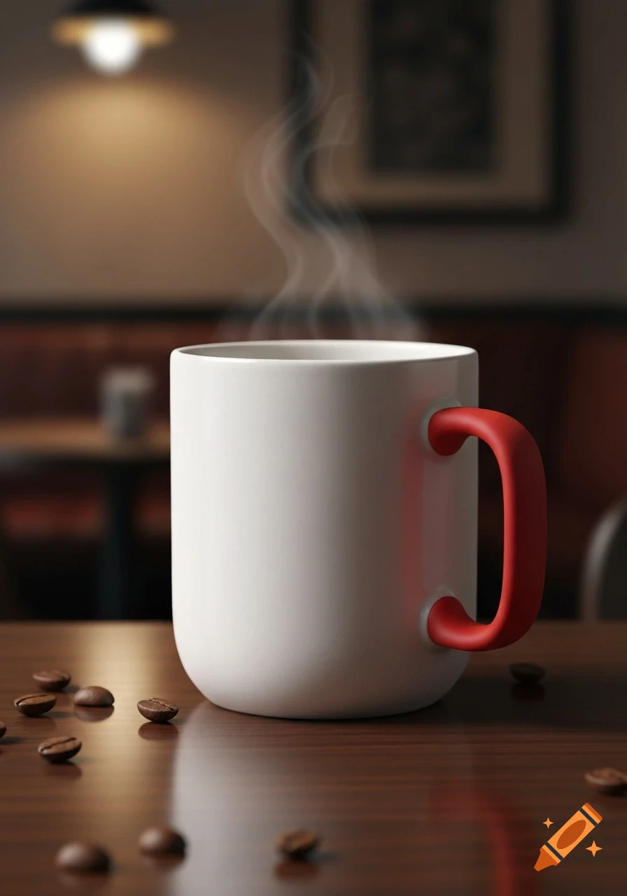 A steaming white coffee mug with a red handle sits on a wooden table scattered with coffee beans in a blurry cafe background.