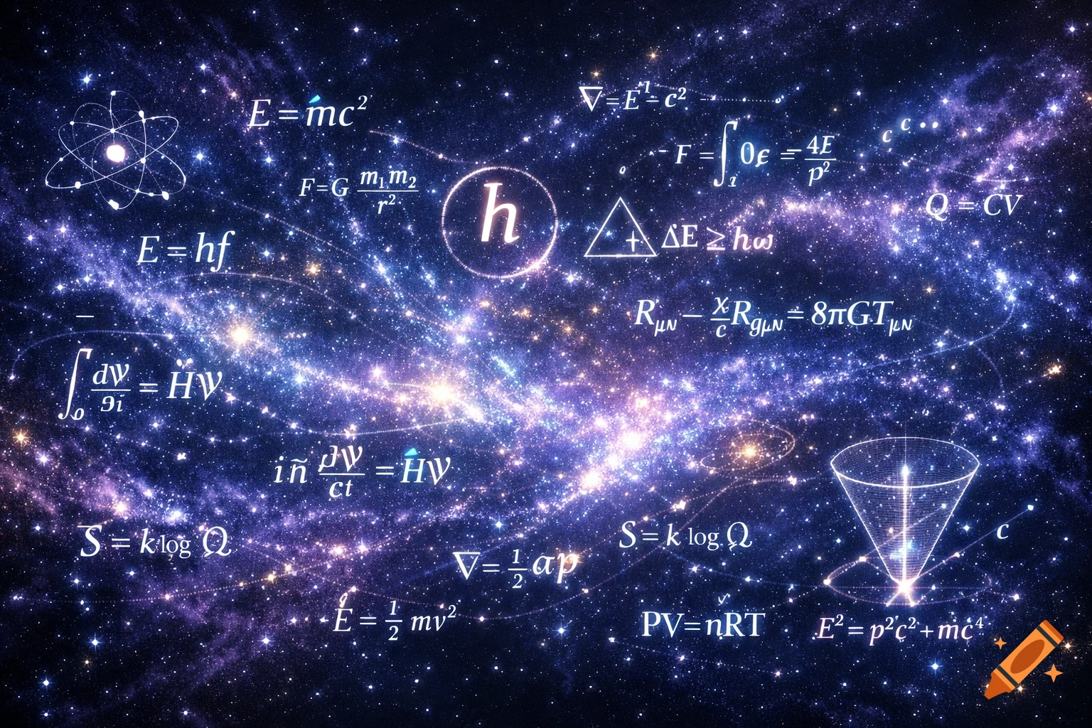 Mathematical and physics equations glow against a swirling, starry blue and purple galaxy background, depicting fundamental scientific concepts.