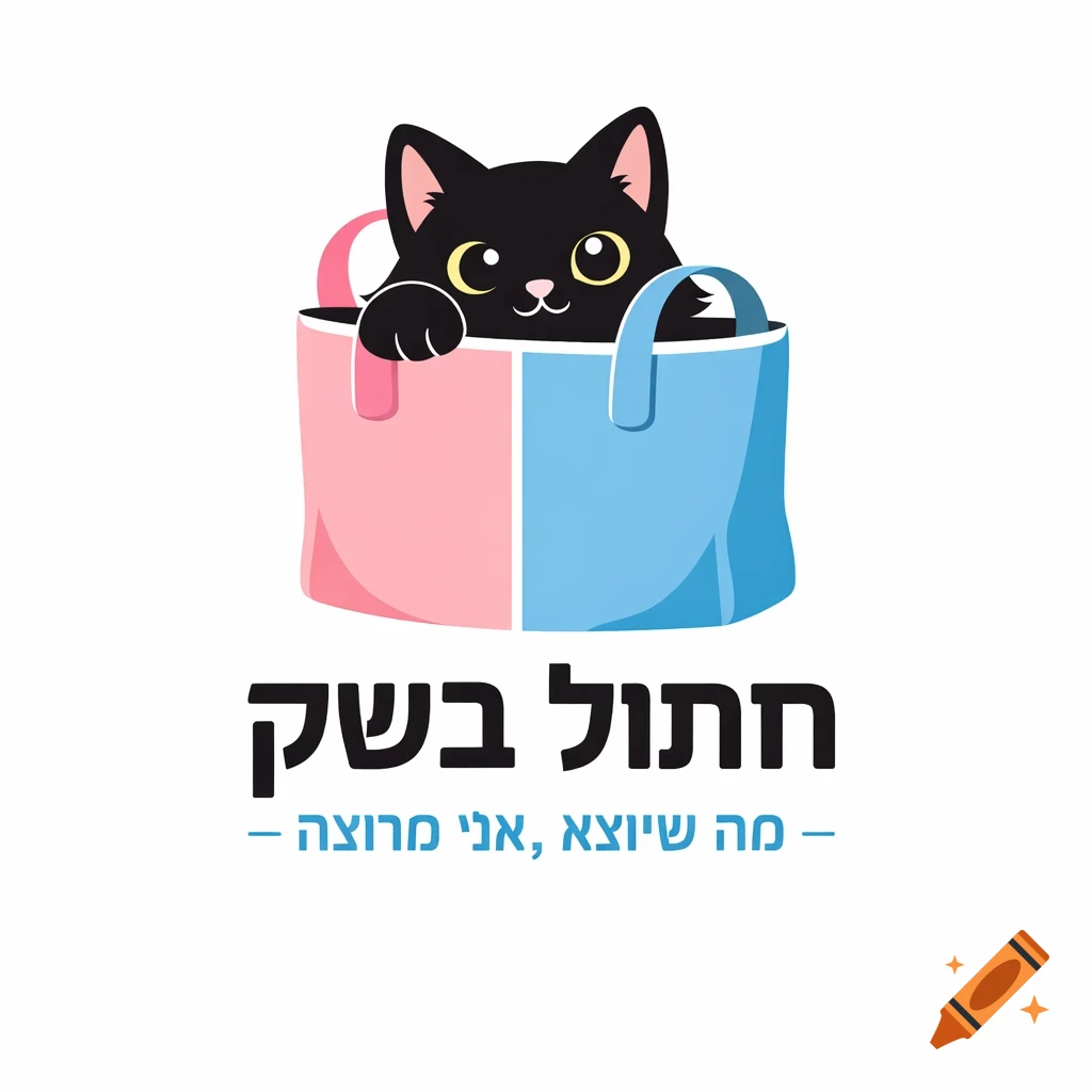 A cute, minimalist vector illustration of a black cat peeking out of a half pink, half blue shopping bag, with Hebrew text below.