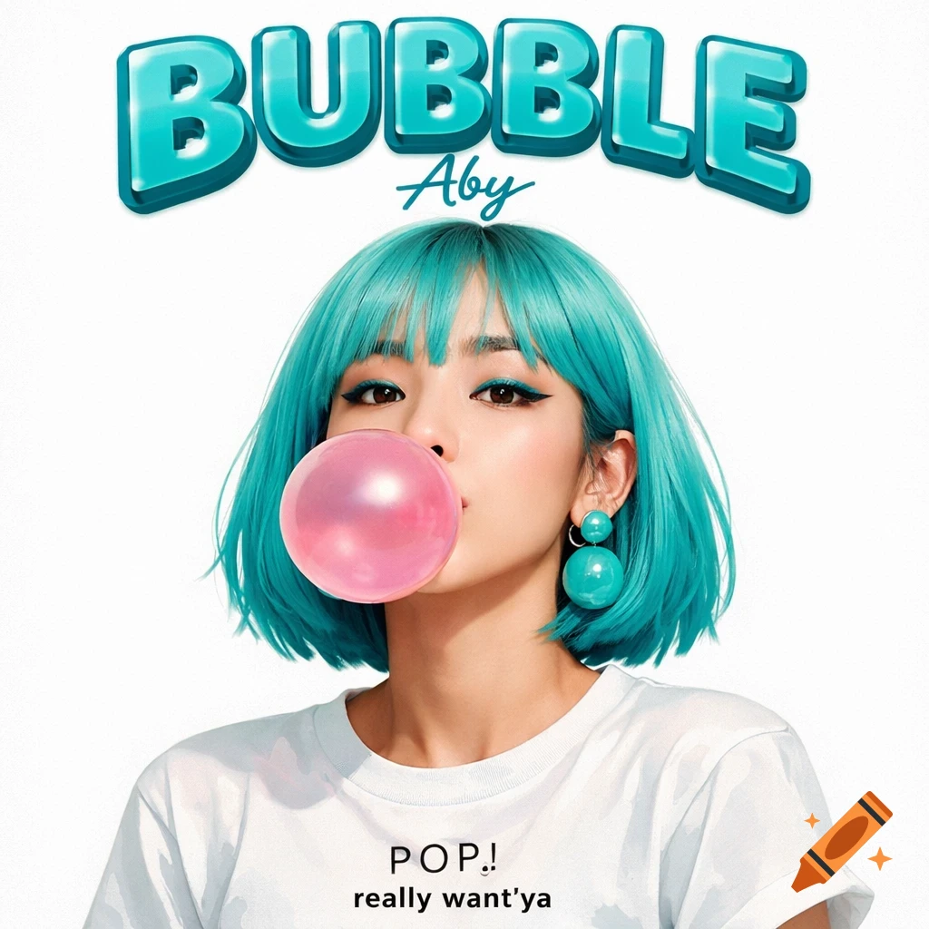 A K-pop style portrait of a woman with turquoise bob hair and eye makeup, blowing pink bubblegum, wearing a white t-shirt with 'POP! really want'ya' and turquoise bubble earrings, with 'BUBBLE Aby' text above.