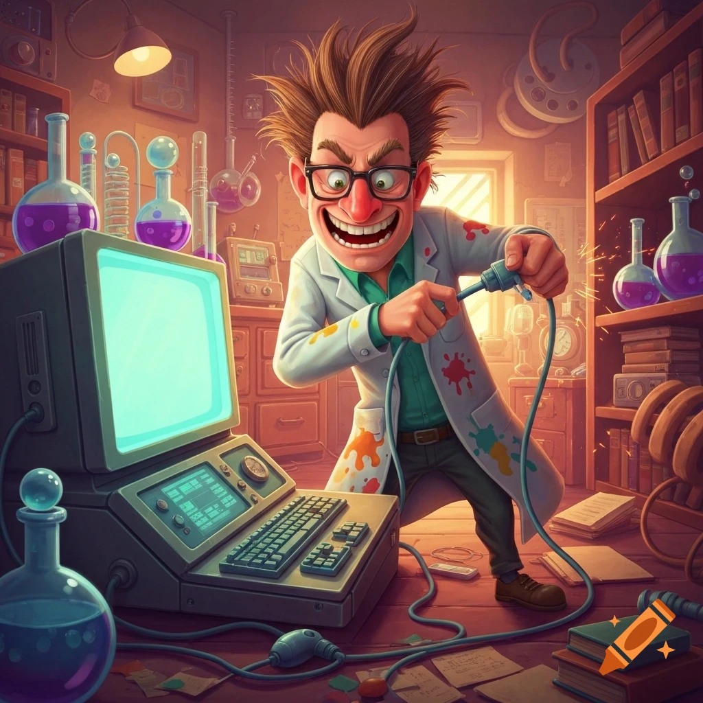 Cartoon scientist with messy hair and glasses frantically unplugs a retro computer in a cluttered laboratory filled with beakers.