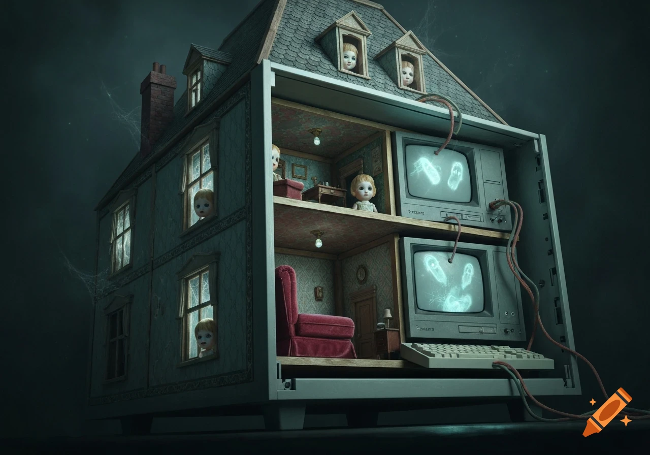 A dark, spooky dollhouse with doll heads peering from windows and two old TVs displaying glowing ghost-like figures, with a keyboard below.