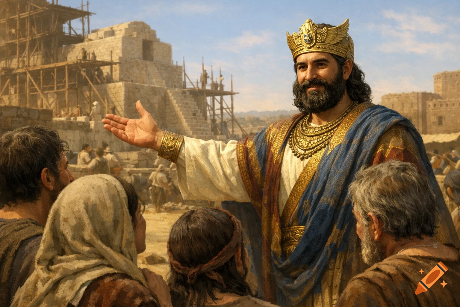 A bearded king in ornate robes and crown addresses a group of people in front of a large ancient stone building under construction.