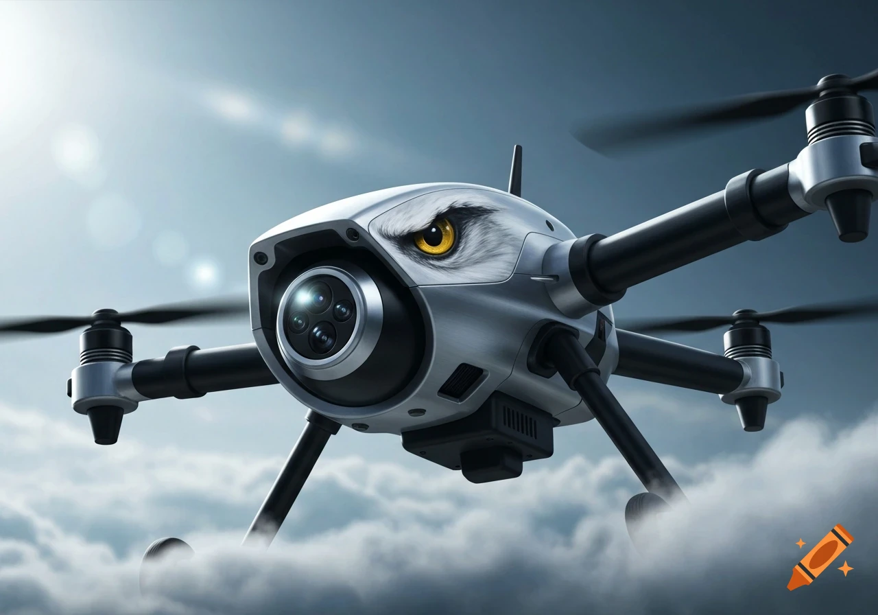 A sleek, silver drone with an eagle's eye design and multiple camera lenses, flying through clouds in a bright sky.
