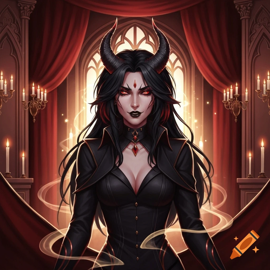 A dark-haired demon woman with horns and red eyes, wearing a black dress, stands in a gothic room with candles.