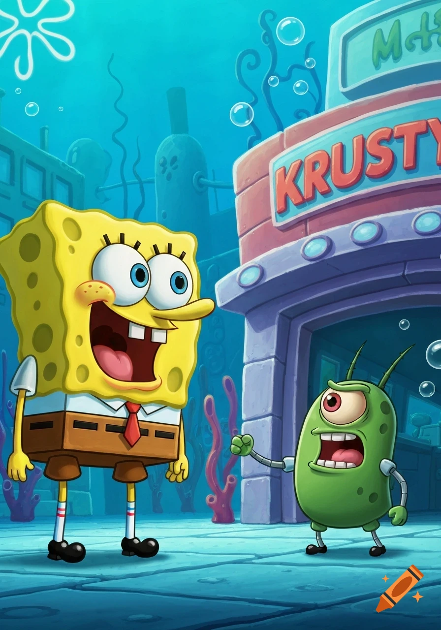 Spongebob Squarepants happily stands with Plankton in front of the Krusty Krab restaurant underwater in a vibrant cartoon style.