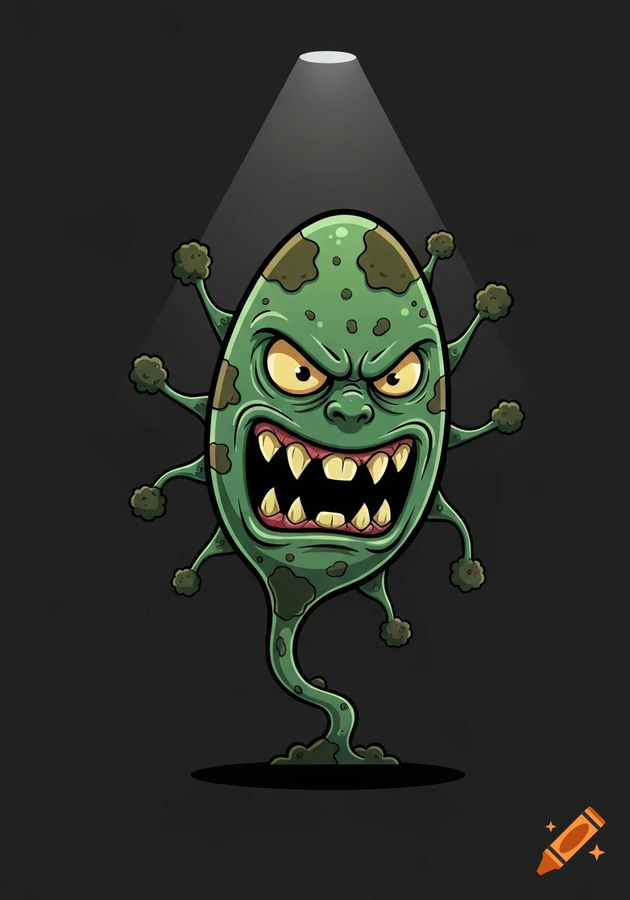 A cartoon illustration of a green, oval-shaped mold spore with an angry face, sharp teeth, and multiple stubby limbs, illuminated by a spotlight.