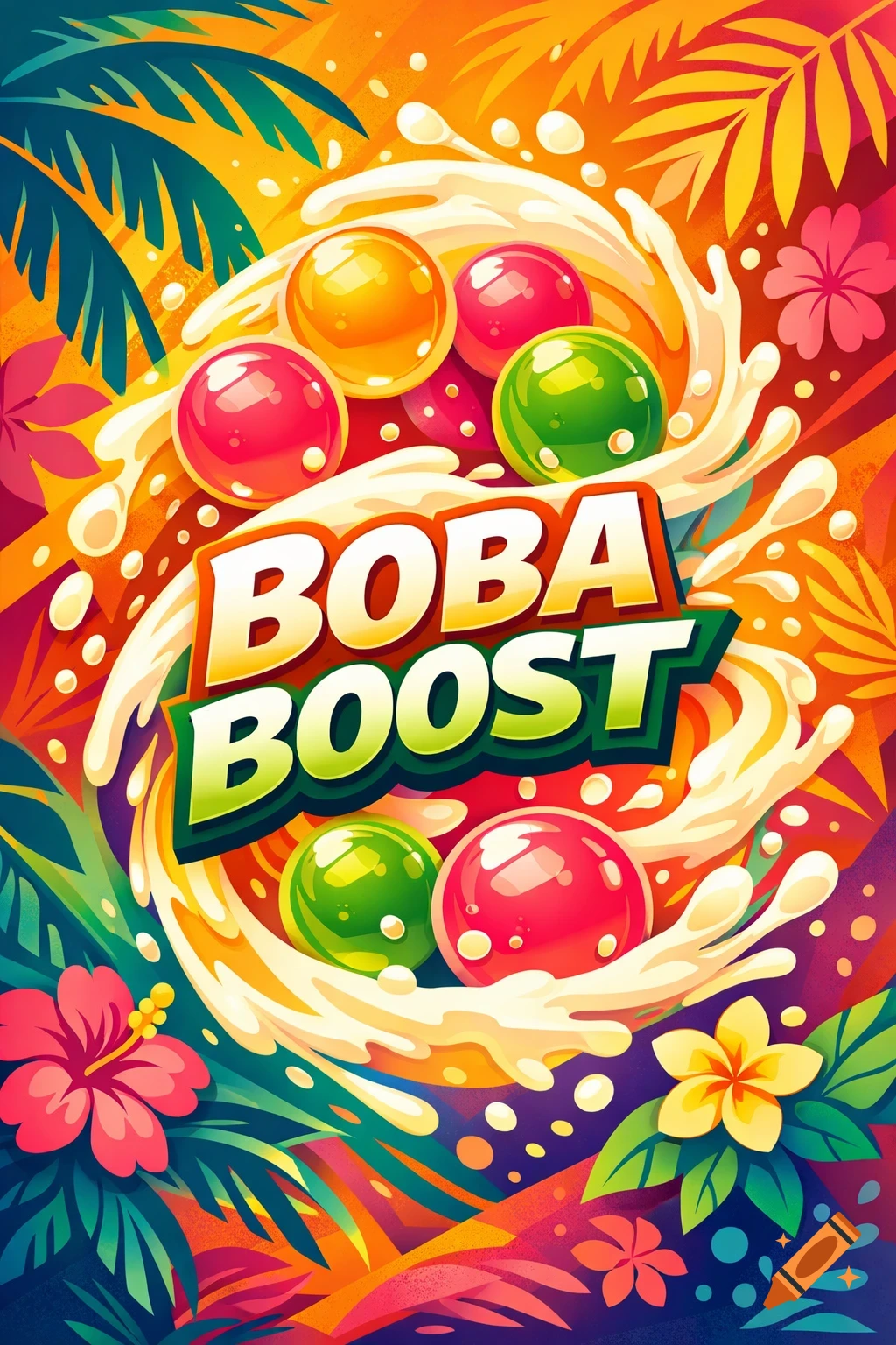 Vibrant tropical illustration logo for 'Boba Boost' energy drink, with colorful boba pearls, liquid splashes, palm leaves, and flowers.