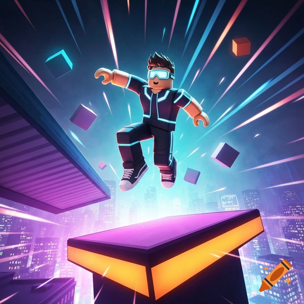 A vibrant digital art image of a Roblox-style character jumping between neon-lit floating platforms in a futuristic city.