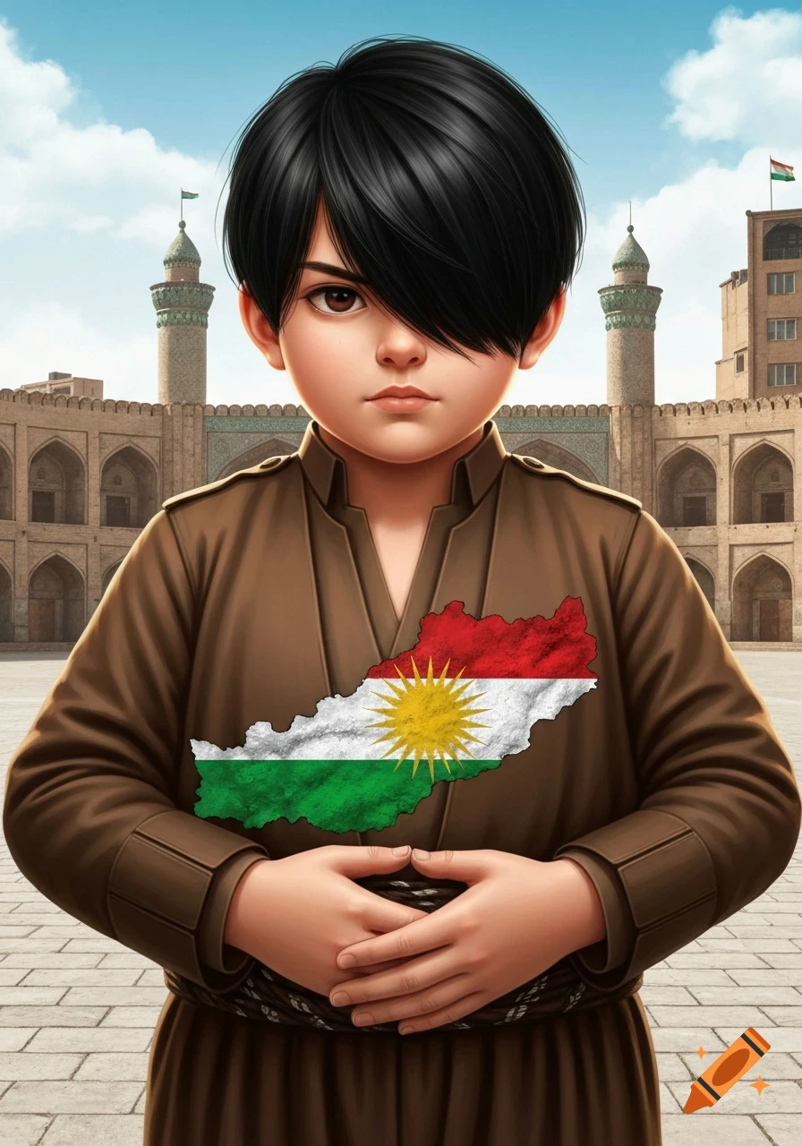 A serious-looking anime-style boy in traditional brown Kurdish clothes, with a map of Kurdistan on his chest, stands before historic buildings.
