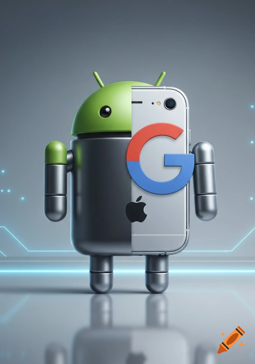 A creative mashup of the Android robot and an iPhone, featuring the Apple logo and a large stylized Google 'G' on its chest, in a sleek 3D render.