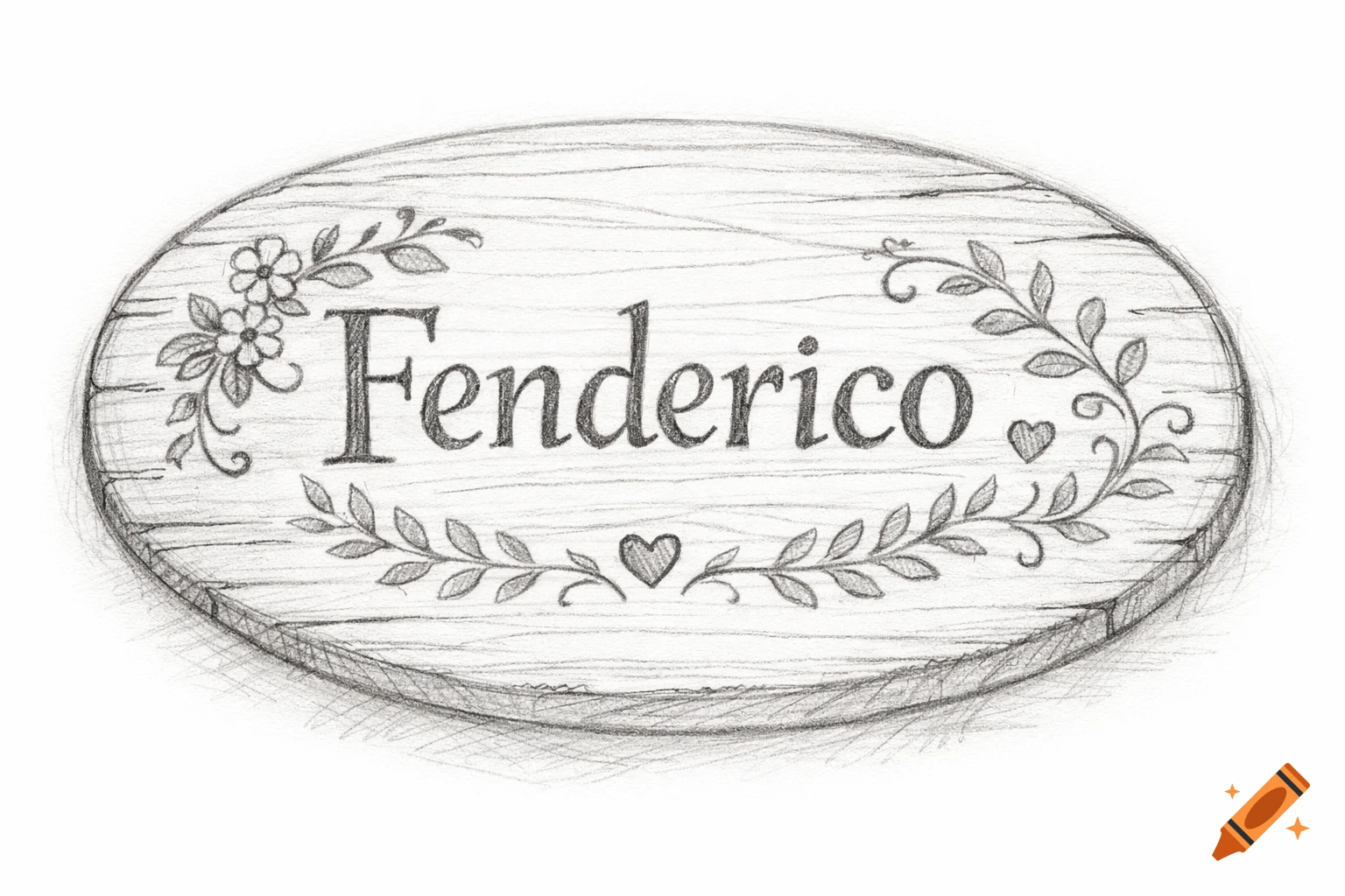A pencil sketch of an oval wooden sign with the name "Fenderico" surrounded by floral and leaf patterns and small hearts.