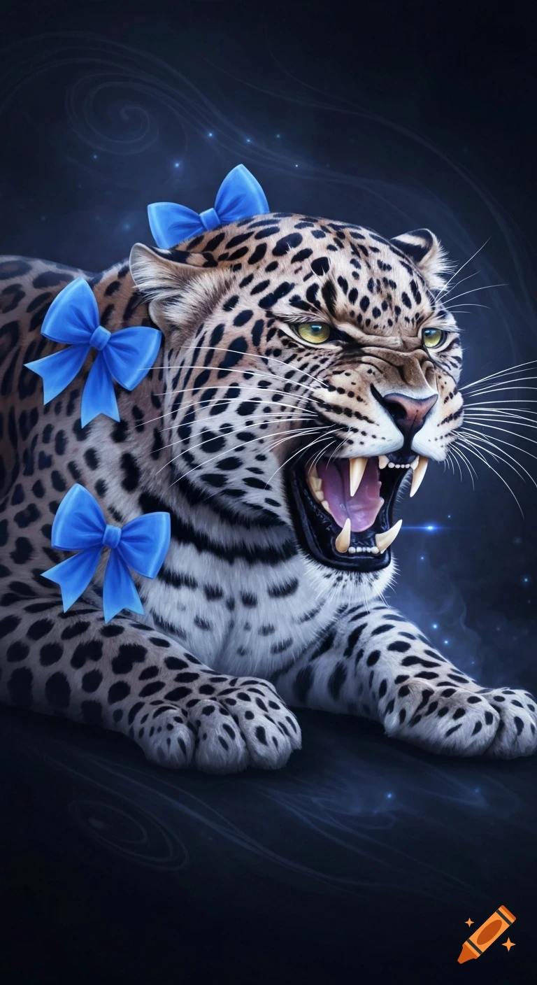A snarling leopard with three blue bows on its head and body, set against a dark, mystical background, in a detailed digital art style.