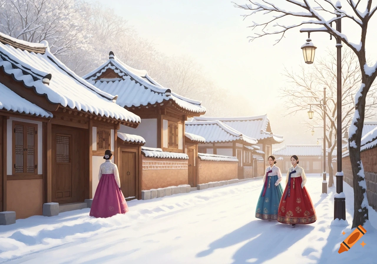 Three Korean women in colorful Hanboks walk through a snow-covered traditional Hanok village on a sunny winter morning.