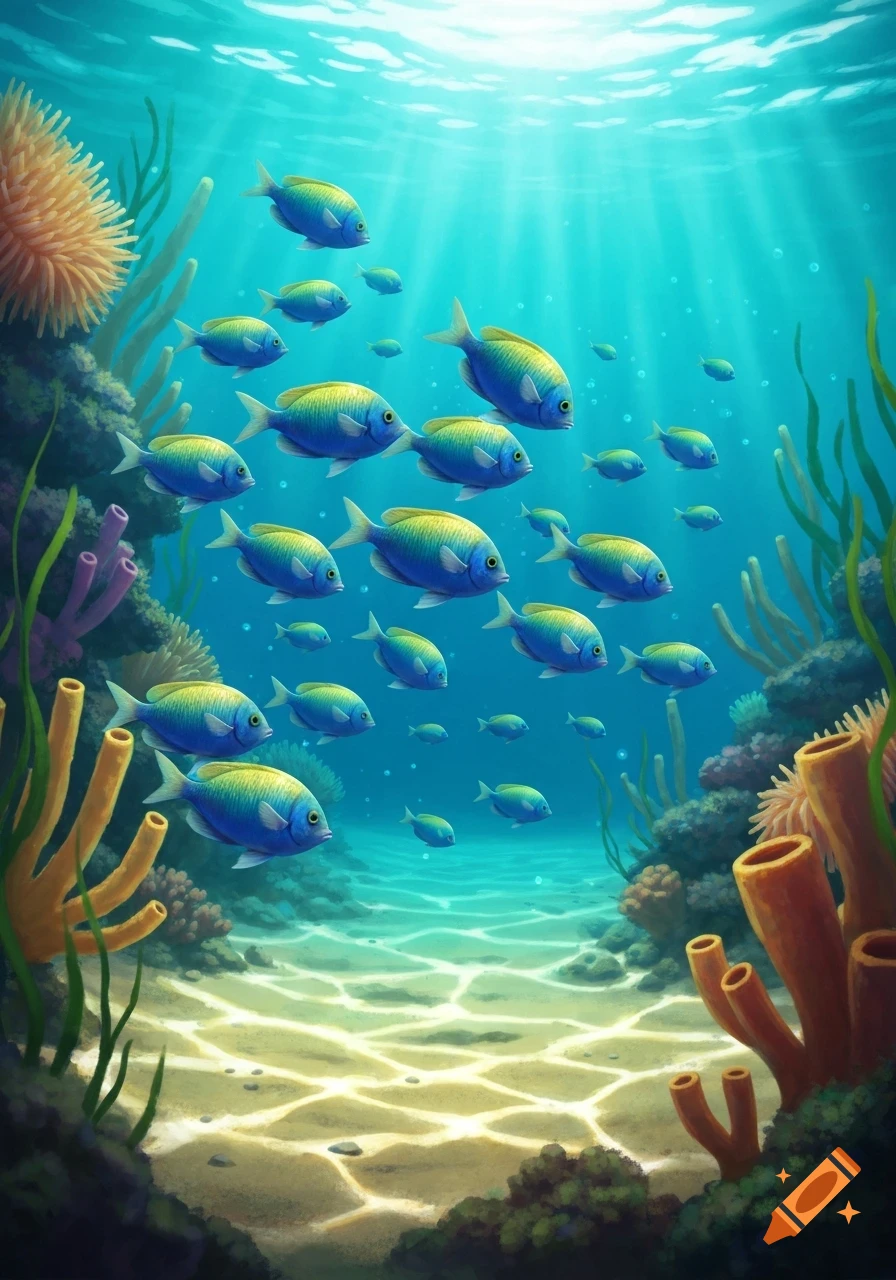 A school of blue and yellow fish swims gracefully through a vibrant coral reef, with sunlight filtering down from the ocean surface.