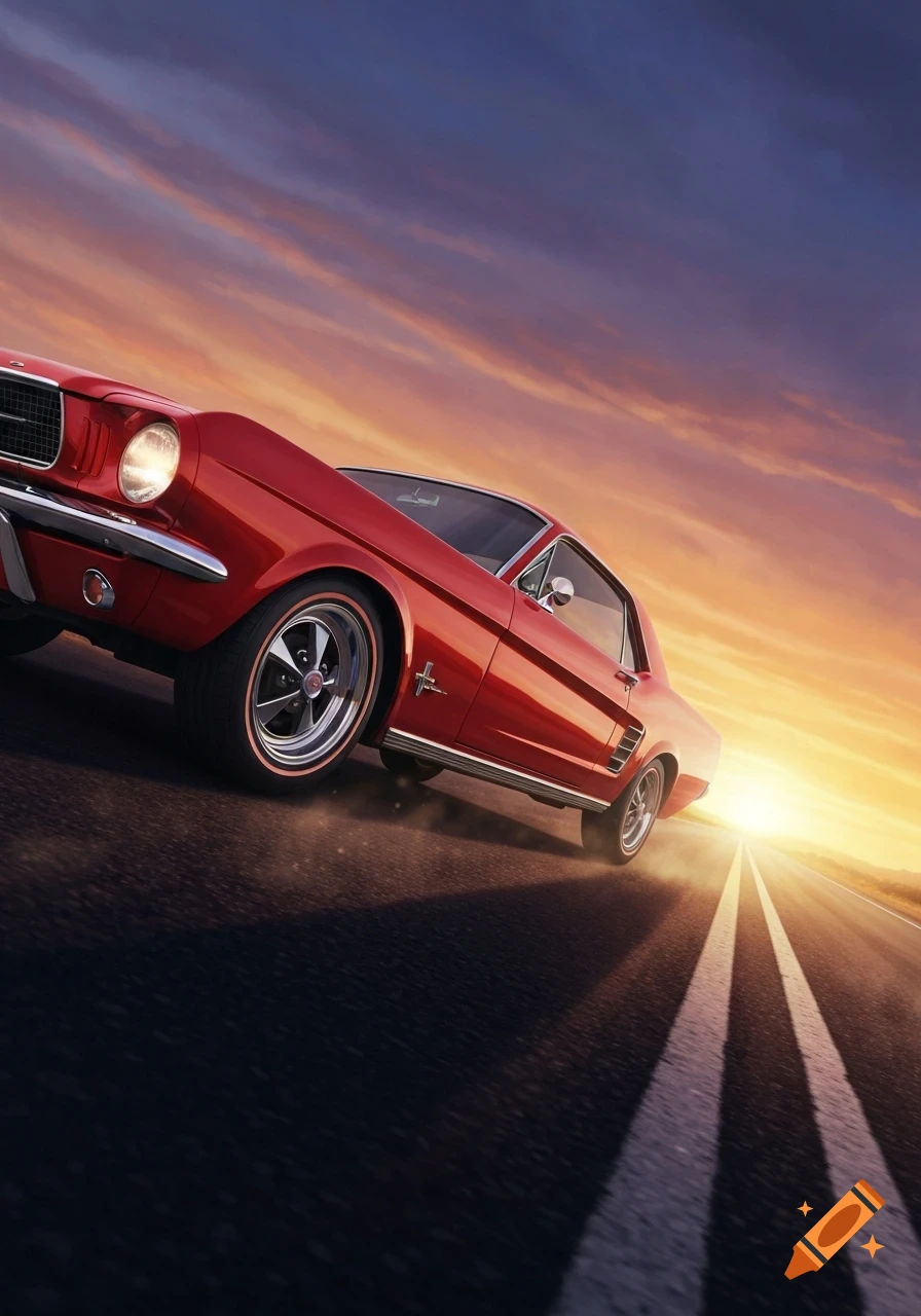 A vibrant red classic car speeds down a road during a beautiful sunset ...