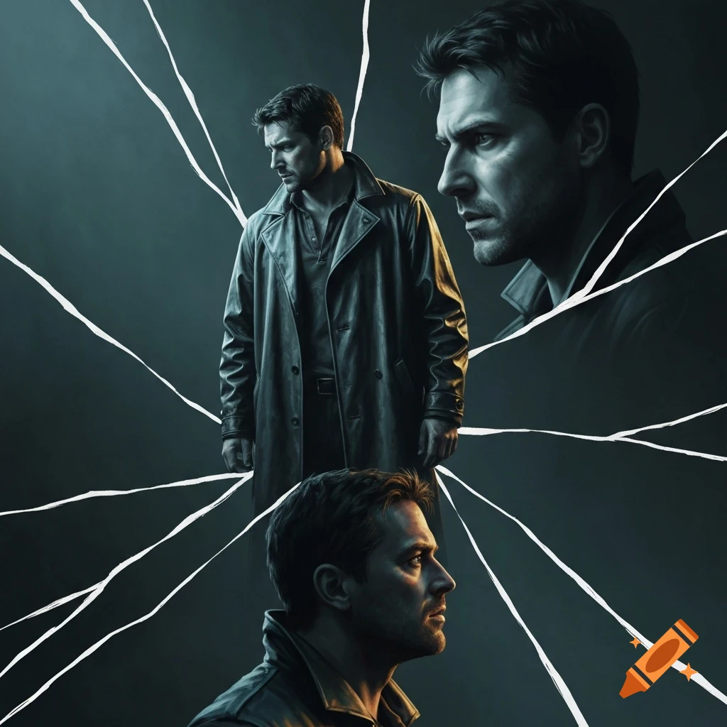 A man in a leather trench coat stands amid white cracks, with his profile repeated at the top right and bottom in a dramatic, dark style.