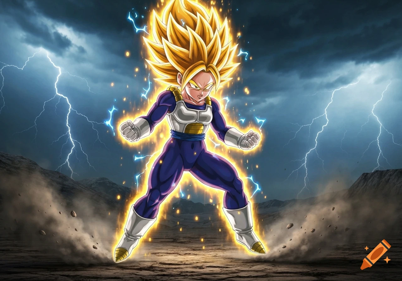 Anime character, Vegeta's daughter Bra, powers up with glowing yellow energy and lightning, wearing blue and white armor, under a stormy sky.