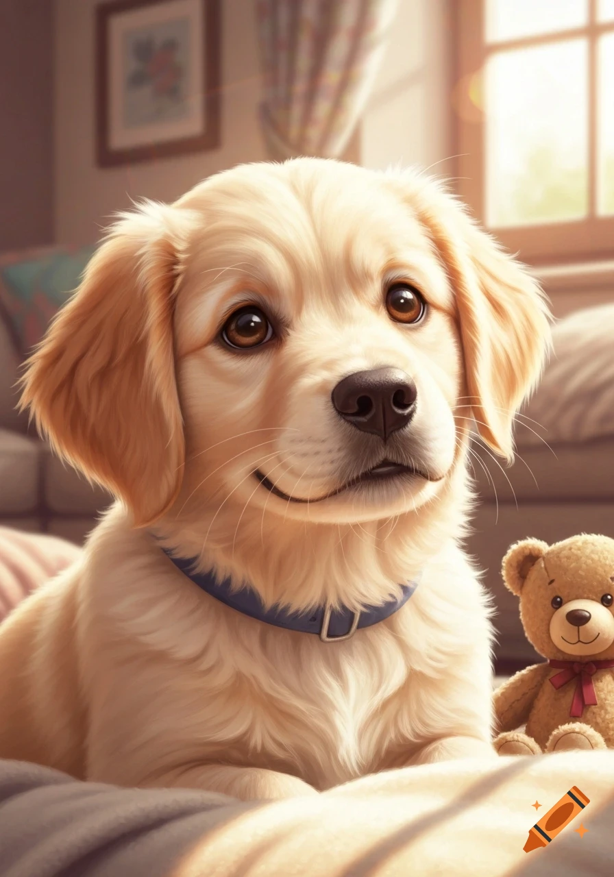 A cute golden retriever puppy with a blue collar smiles, sitting on a ...