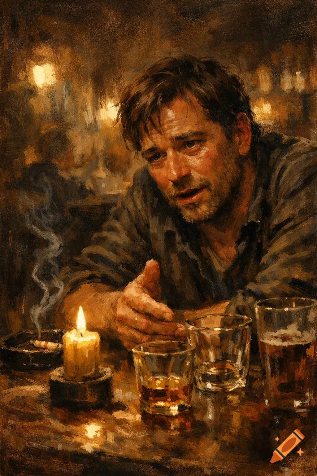 Painterly portrait of a melancholic man at a dimly lit bar table with drinks, a lit candle, and a cigarette.