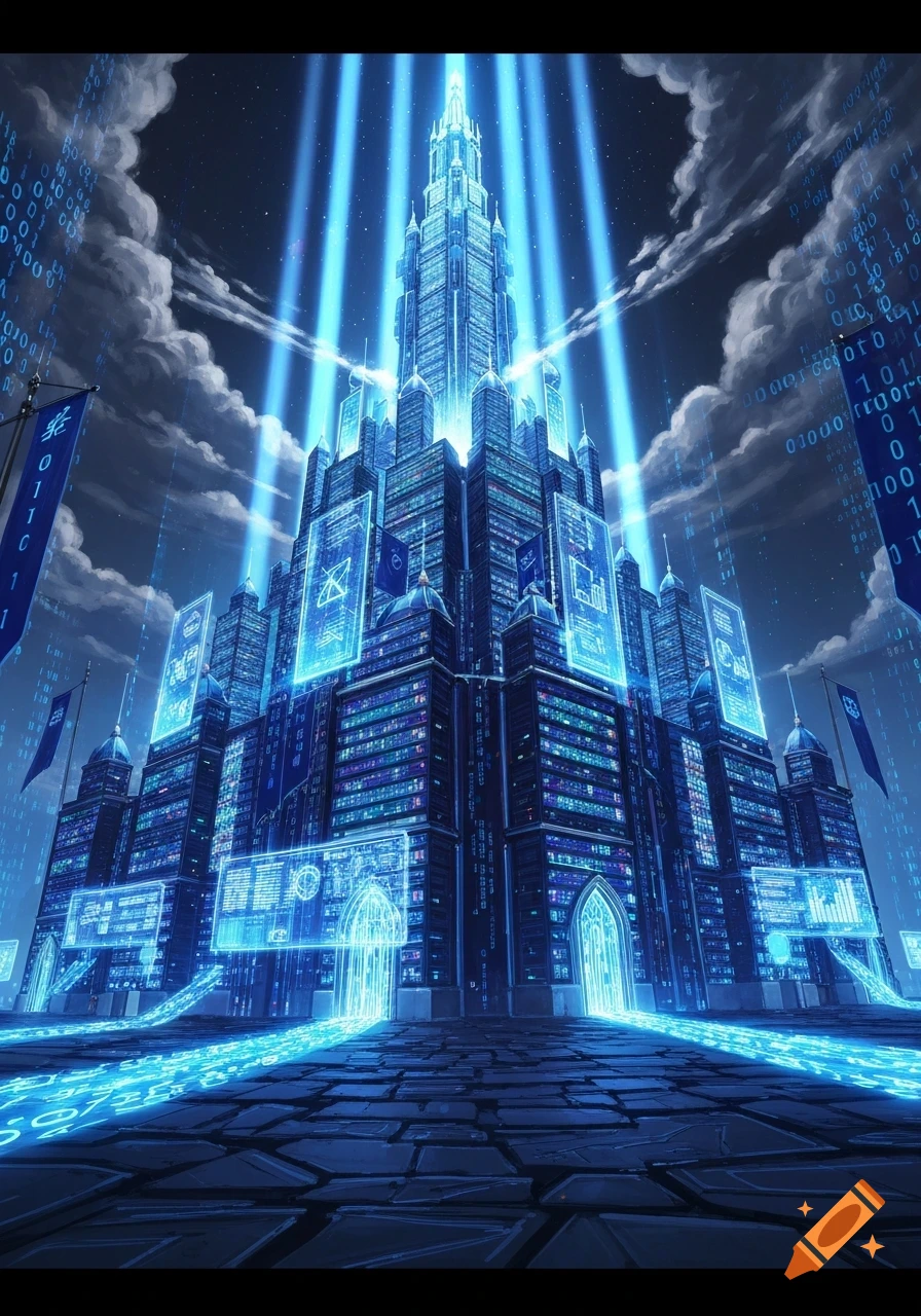 A towering futuristic city of blue buildings, illuminated by glowing light beams and flowing binary code against a dark, cloudy sky.