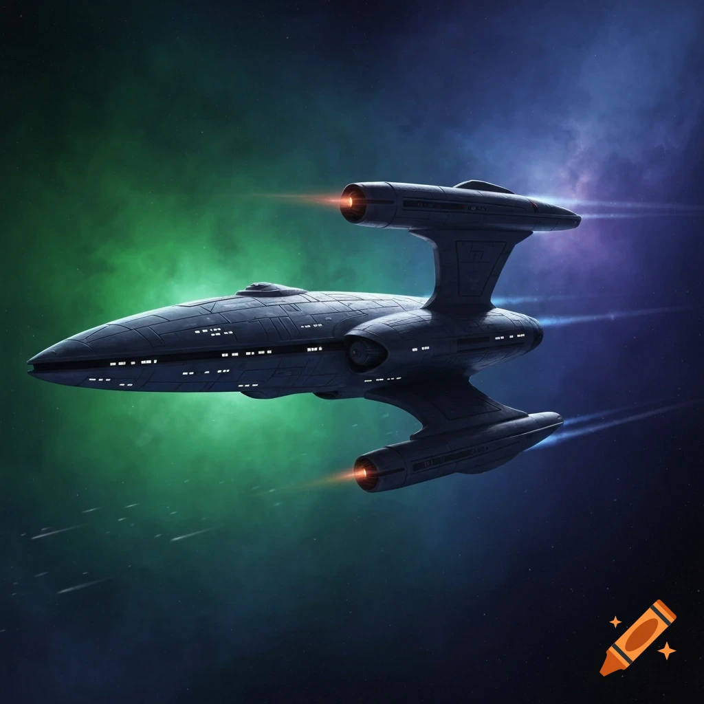A detailed dark grey spaceship with glowing orange engines flies through a vibrant green and purple nebula in space, leaving light trails.