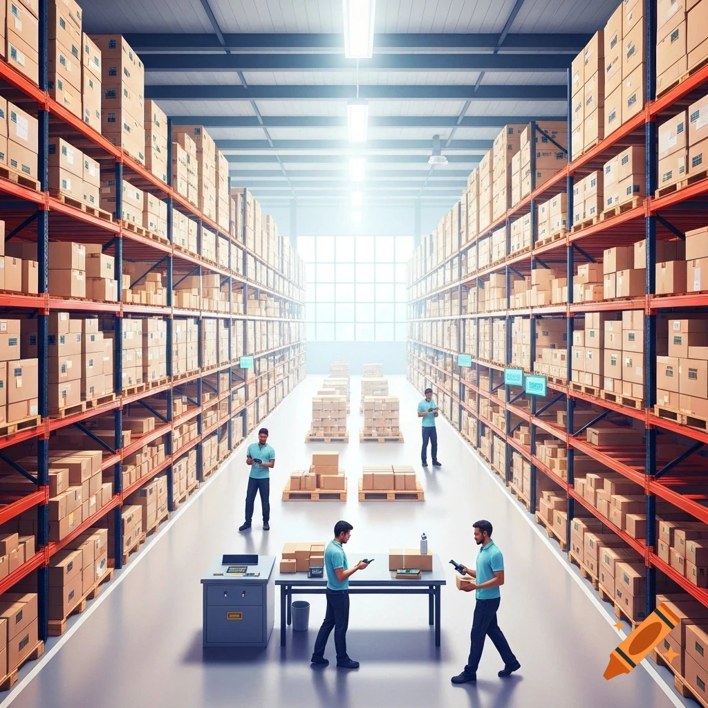 Modern e-commerce warehouse with tall shelves full of boxes, several workers scanning packages, bright and clean. Illustration.