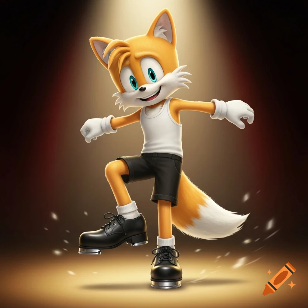 Tails from Sonic the Hedgehog tap dancing in a white tank top, black shorts, and tap shoes under a spotlight.