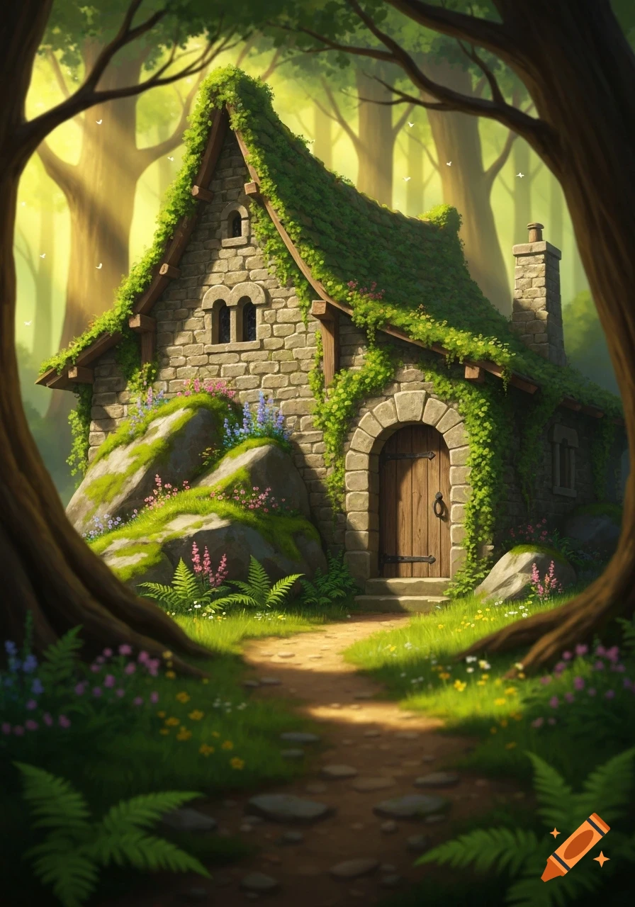A whimsical, moss-covered stone cottage with a wooden door, surrounded by rocks and wildflowers in an enchanted forest.