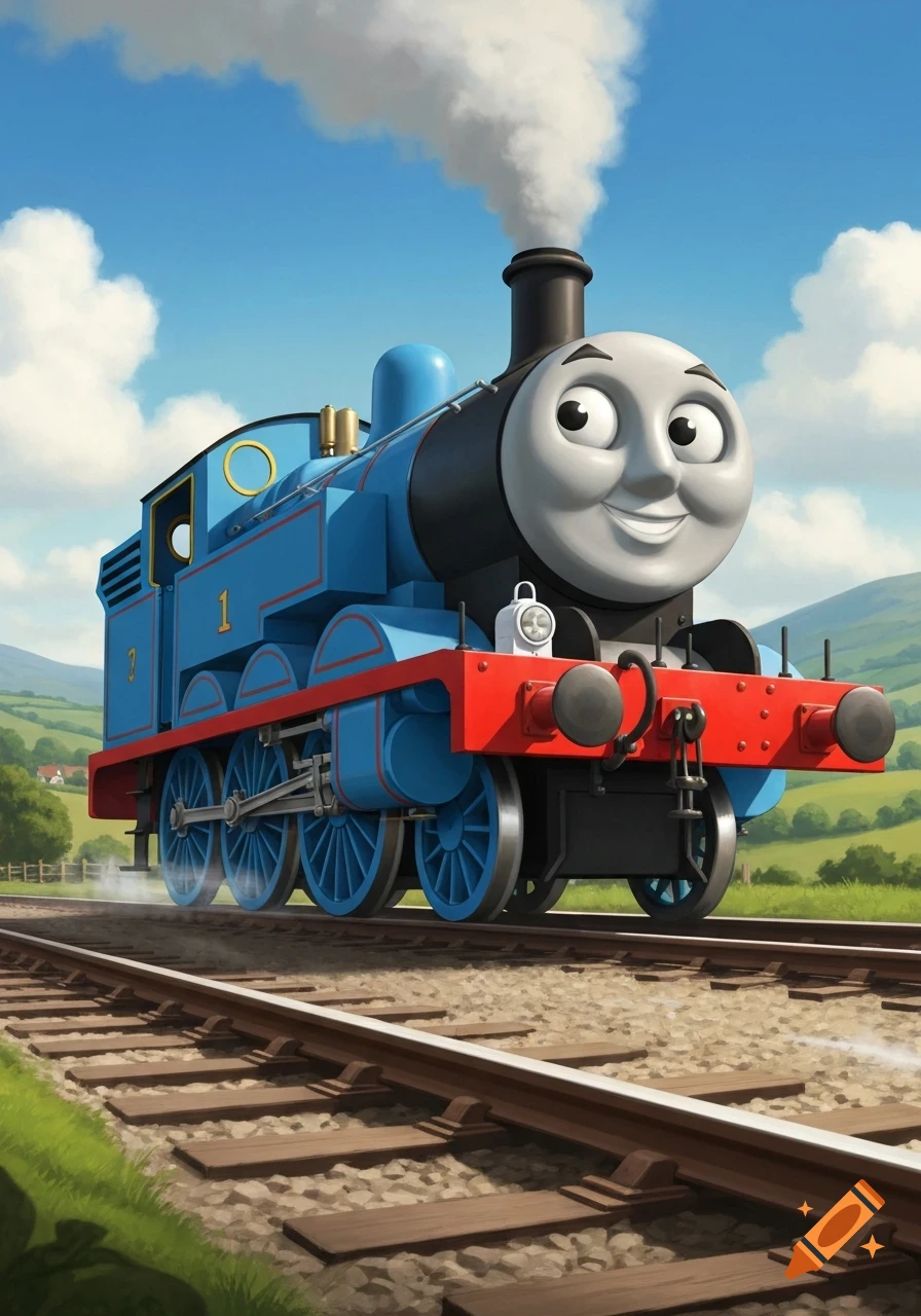 Smiling Thomas the Tank Engine on train tracks, emitting steam, set in a vibrant, green countryside under a blue sky.